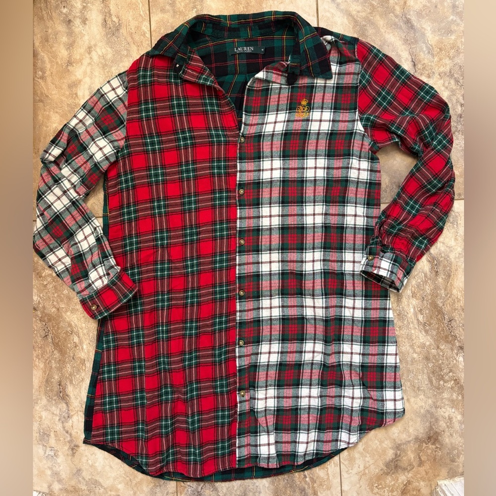 Lauren Ralph Lauren Womens Crescent Logo Plaid Button Down Pajama Shirt Size M